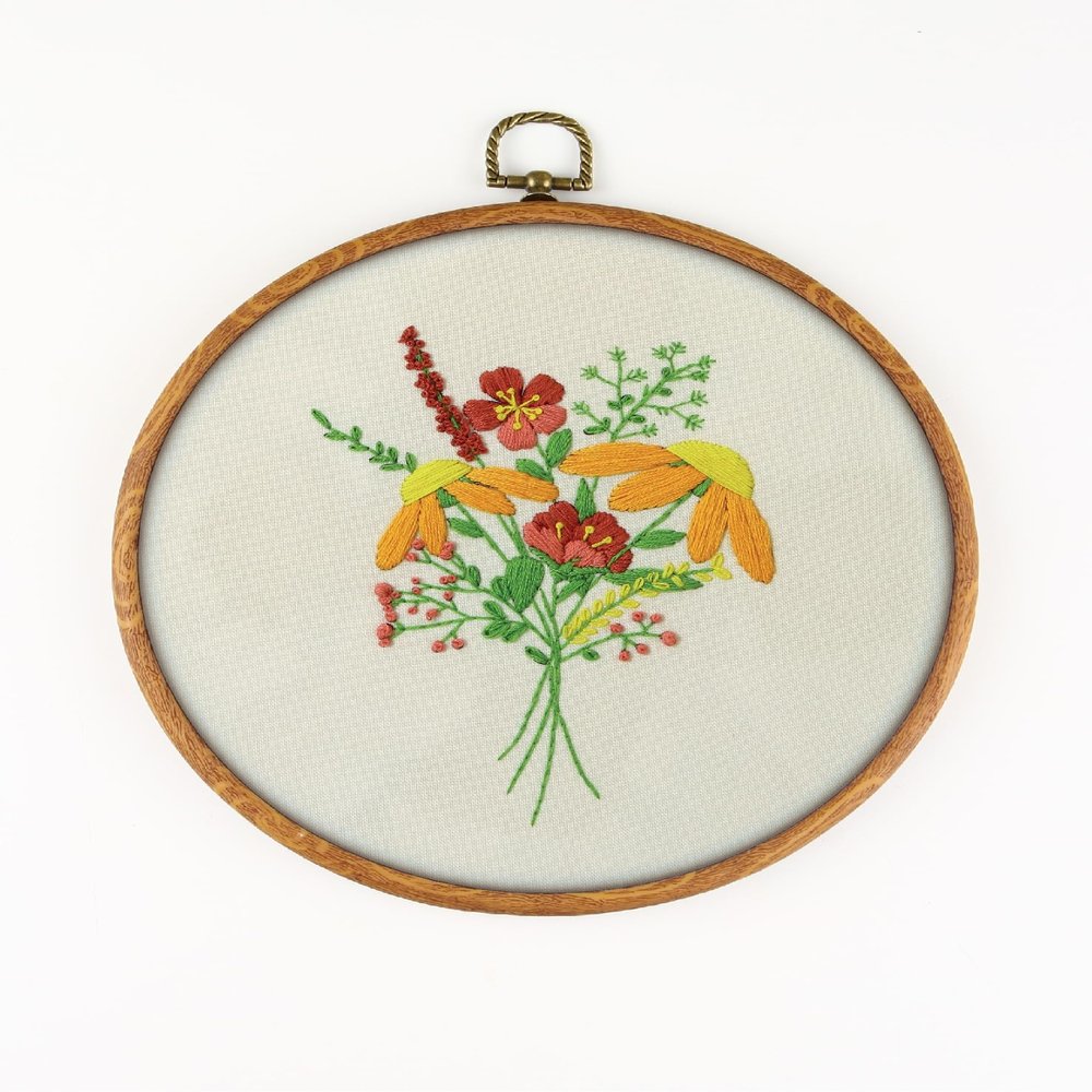 Wildflowers Bouquet EM193 - DIY Embroidery Kit. Set of Threads, Needles, Stamped Cloth, Needle Threader, Embroidery Clippers and Printed Color Pattern Inside.