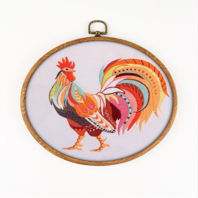 Rooster EM079 - DIY Embroidery Kit. Set of Threads, Needles, Stamped Cloth, Needle Threader, Embroidery Clippers and Printed Color Pattern Inside.