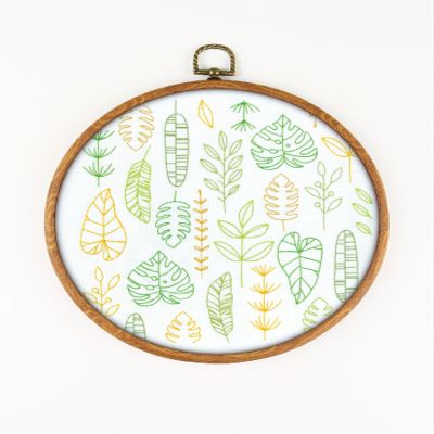 Leaf Pattern EM430 - DIY Embroidery Kit. Set of Threads, Needles, Stamped Cloth, Needle Threader, Embroidery Clippers and Printed Color Pattern Inside.