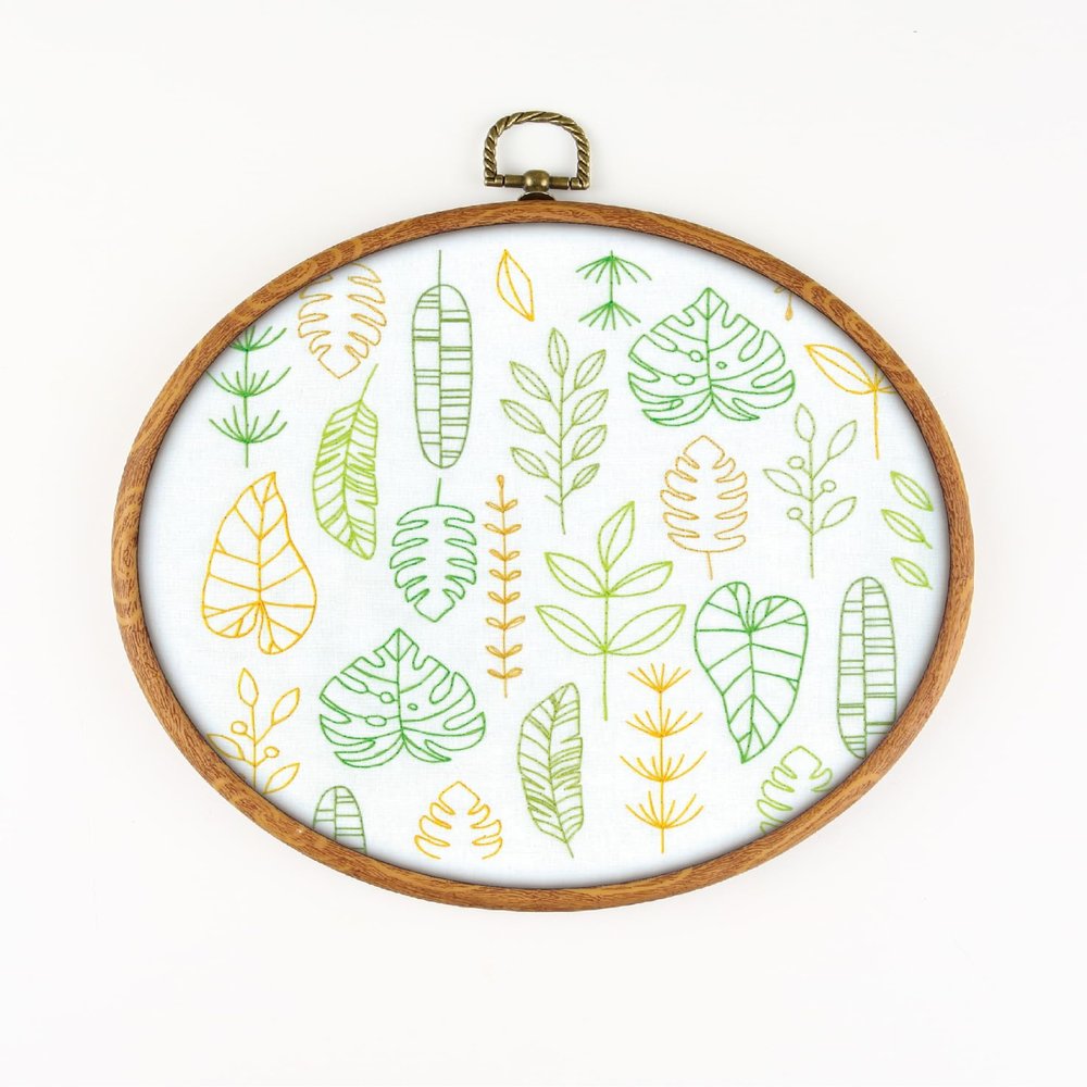 Leaf Pattern EM430 - DIY Embroidery Kit. Set of Threads, Needles, Stamped Cloth, Needle Threader, Embroidery Clippers and Printed Color Pattern Inside.