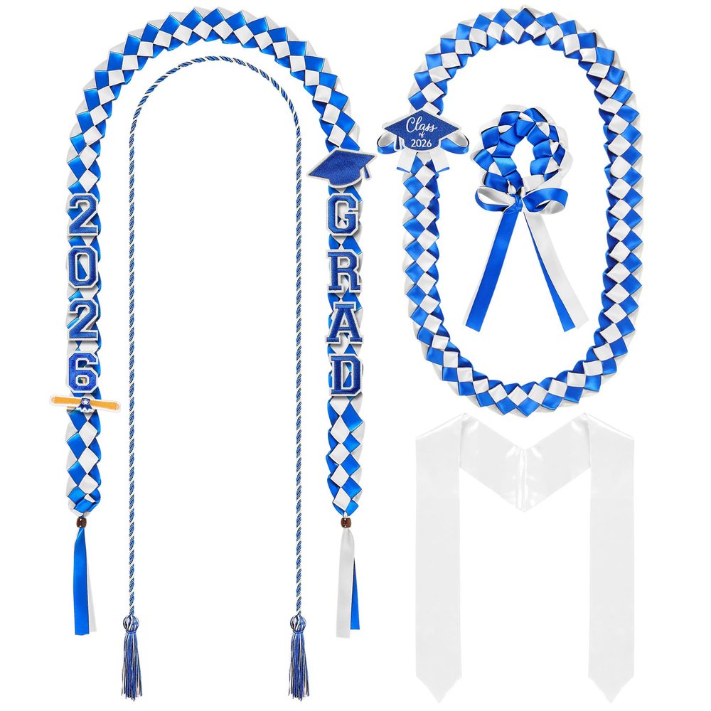 Canlierr 18 Pcs 2026 Graduation Leis and Stole and Honor Cords with Tassel Braided Necklace Adjustable for Student Graduation Gifts Party Supplies(Blue and White)