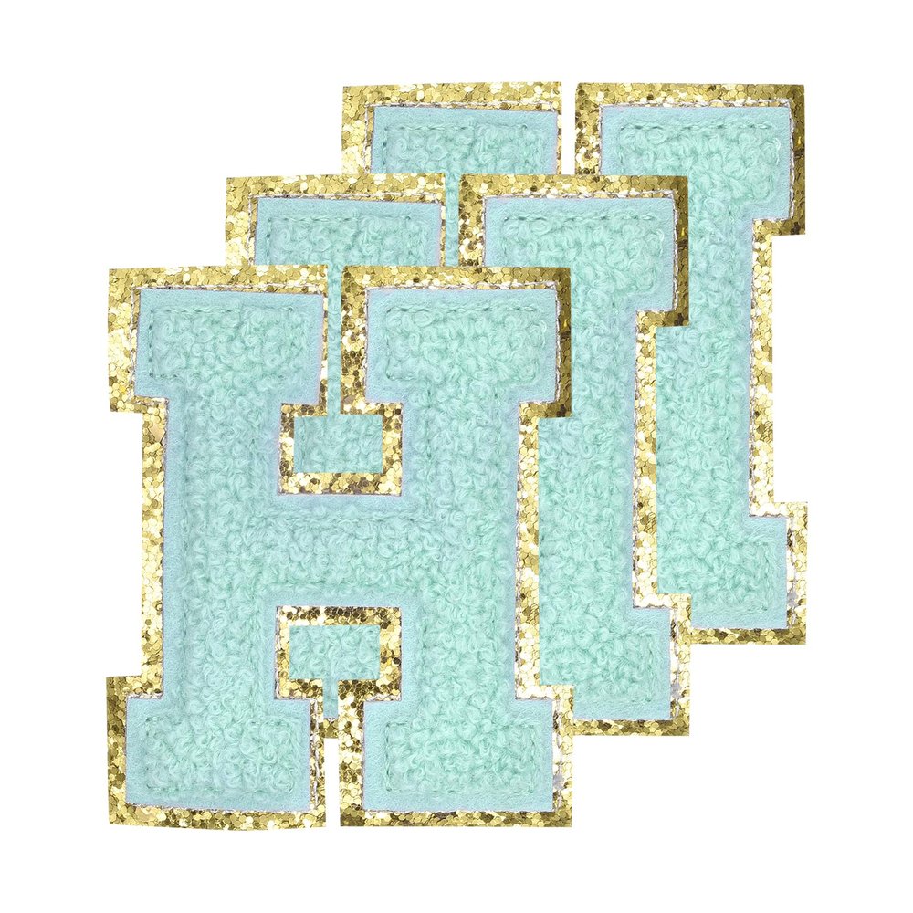 MECCANIXITY Chenille Letters H Patches Large Size 80mm/3.15 Inch Iron-on Letters H Patches Golden Glitter Embroidered Patches for Clothing, Shoes, Hats, Backpacks Pack of 3(Blue)