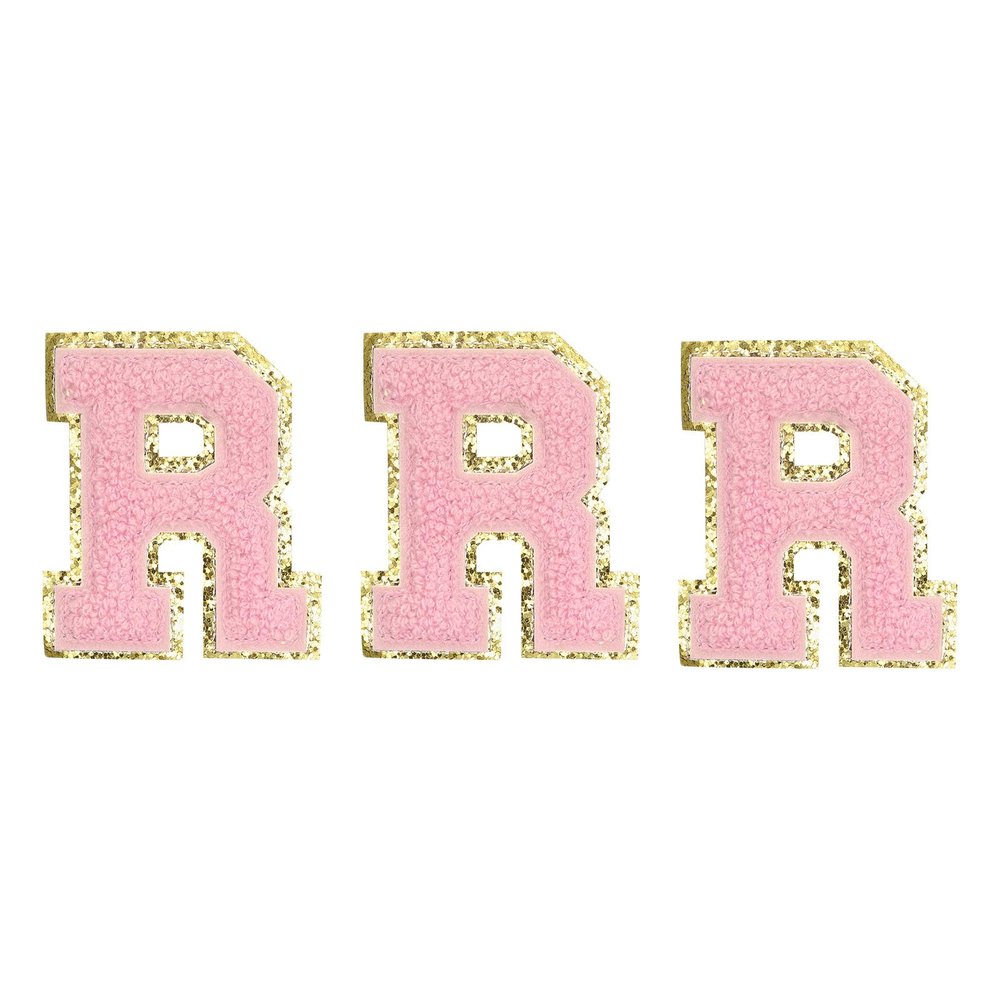 MECCANIXITY Chenille Letters R Patches Large Size 80mm/3.15 Inch Iron-on Letters R Patches Golden Glitter Embroidered Patches for Clothing, Shoes, Hats, Backpacks Pack of 3(Pink)