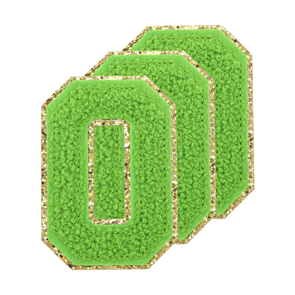 MECCANIXITY Chenille Letters O Patches Large Size 80mm/3.15 Inch Iron-on Letters O Patches Golden Glitter Embroidered Patches for Clothing, Shoes, Hats, Backpacks Pack of 3(Green)
