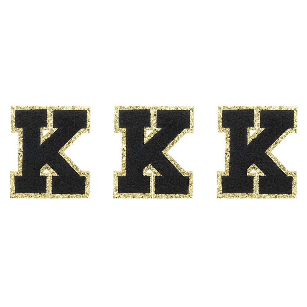 MECCANIXITY Chenille Letters K Patches Large Size 80mm/3.15 Inch Iron-on Letters K Patches Golden Glitter Embroidered Patches for Clothing, Shoes, Hats, Backpacks Pack of 3(Black)