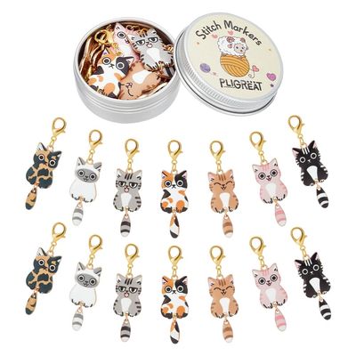 PLIGREAT 14 Pcs Cute Cartoon Cat Enamel Charms Crochet Locking Stitch Markers Set Knitting Stitch Counter DIY Earrings Bracelet Necklace Crafts Pendant Jewelry Making Accessory Gift for Grandma Mom