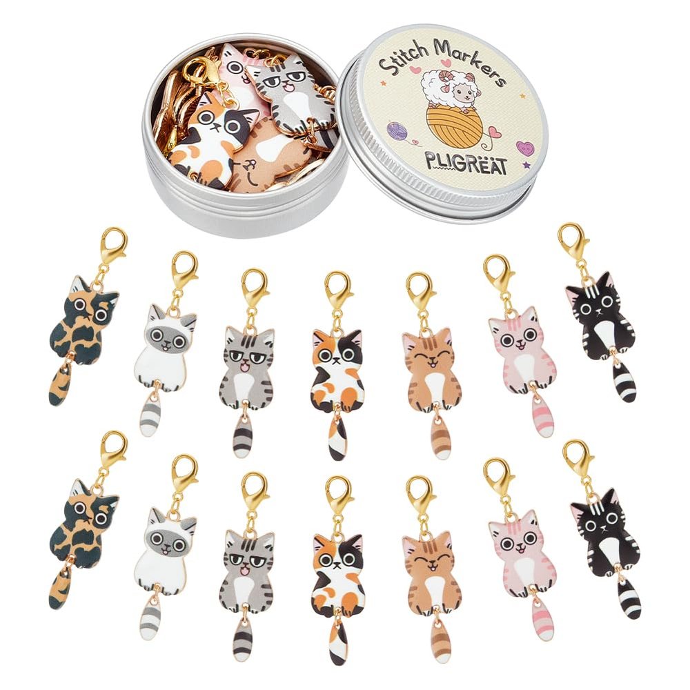 PLIGREAT 14 Pcs Cute Cartoon Cat Enamel Charms Crochet Locking Stitch Markers Set Knitting Stitch Counter DIY Earrings Bracelet Necklace Crafts Pendant Jewelry Making Accessory Gift for Grandma Mom