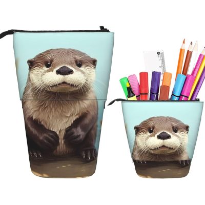 LZQPOEAS Cute otter Print Pencil Case Telescopic Pen Pouch Standing Pencil Bag Pop Up Pencil Holder With Zipper Portable Makeup Bag for Office Holiday Gift