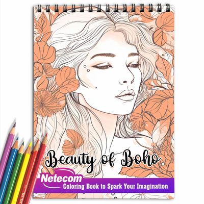 Netecom Beauty of Boho Coloring Book for Women Adults Girl, Spiral Bound, Premium Cover, 30 Amazing Bohomian Woman Coloring Pages for Stress Relief and Relaxation
