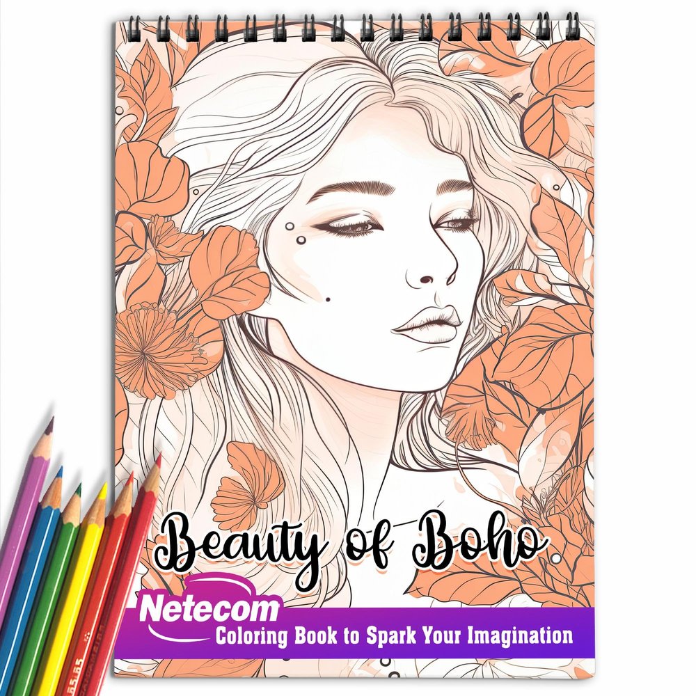 Netecom Beauty of Boho Coloring Book for Women Adults Girl, Spiral Bound, Premium Cover, 30 Amazing Bohomian Woman Coloring Pages for Stress Relief and Relaxation