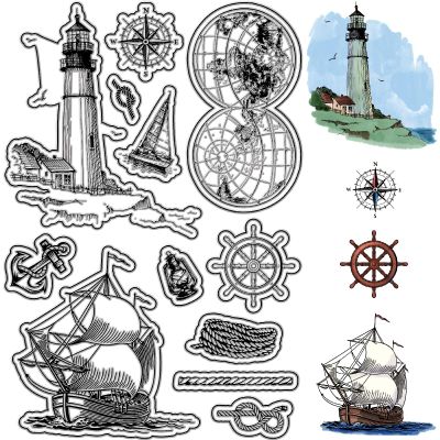CRASPIRE Sailboat Clear Stamps Lighthouse Compass Globe Reusable Background Postmark Transparent Silicone Stamp Seals for Journaling Card Making Decor DIY Scrapbooking Supplies Film Frame