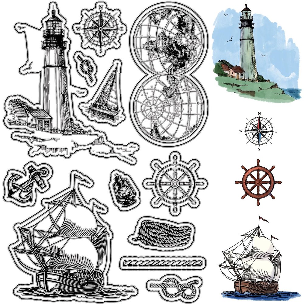 CRASPIRE Sailboat Clear Stamps Lighthouse Compass Globe Reusable Background Postmark Transparent Silicone Stamp Seals for Journaling Card Making Decor DIY Scrapbooking Supplies Film Frame