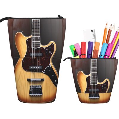 LZQPOEAS Guitar Musical Instrument Print Pencil Case Telescopic Pen Pouch Standing Pencil Bag Pop Up Pencil Holder With Zipper Portable Makeup Bag for Office Holiday Gift