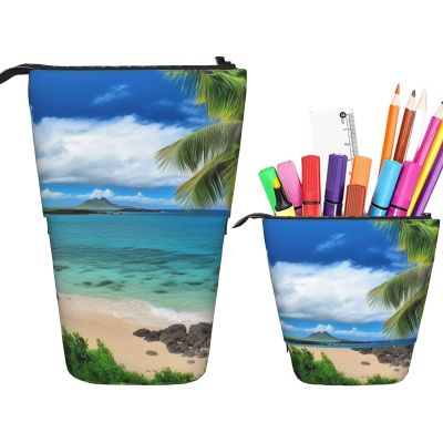 LZQPOEAS Tropical Palm Tree Hawaii Beach Print Pencil Case Telescopic Pen Pouch Standing Pencil Bag Pop Up Pencil Holder With Zipper Portable Makeup Bag for Office Holiday Gift