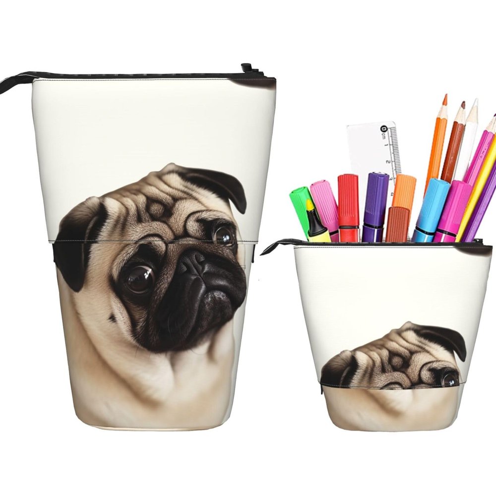 LZQPOEAS Pug Dog Print Pencil Case Telescopic Pen Pouch Standing Pencil Bag Pop Up Pencil Holder With Zipper Portable Makeup Bag for Office Holiday Gift