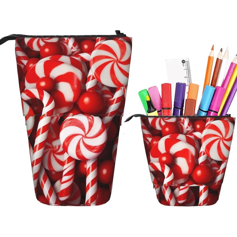 LZQPOEAS Candy Canes Print Pencil Case Telescopic Pen Pouch Standing Pencil Bag Pop Up Pencil Holder With Zipper Portable Makeup Bag for Office Holiday Gift