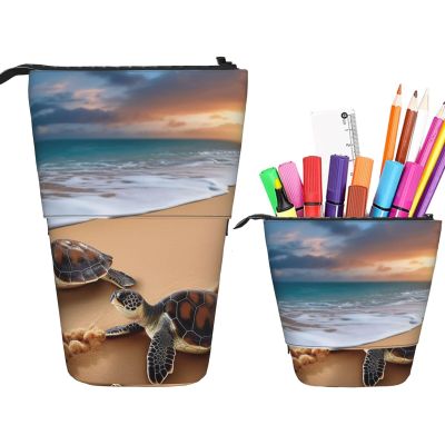 LZQPOEAS Turtles on the beach Print Pencil Case Telescopic Pen Pouch Standing Pencil Bag Pop Up Pencil Holder With Zipper Portable Makeup Bag for Office Holiday Gift