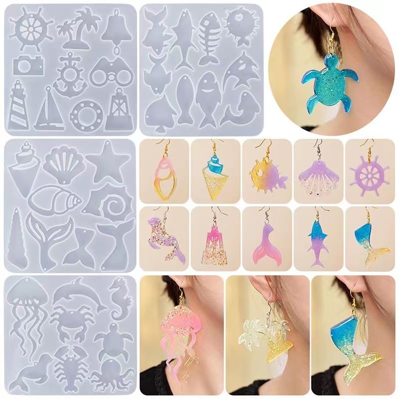 XYQHOAC Sea Animal Resin Mold for Jewelry Making - Seashell, Boat Rudder Marine Theme Earring Molds with Hole for Epoxy Resin DIY Jewelry Kit (Animal Mold)