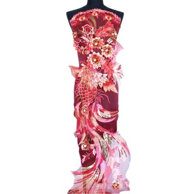 Decorative Patches,Flower Patch, 51inch Big Phoenix Peacock Lace Fabric Sequin Rhinestone Embroidered Gown Appliques Sew On Patch for Wedding Dress Deco (Color : Red) (Color : Red) ( Color : Red )