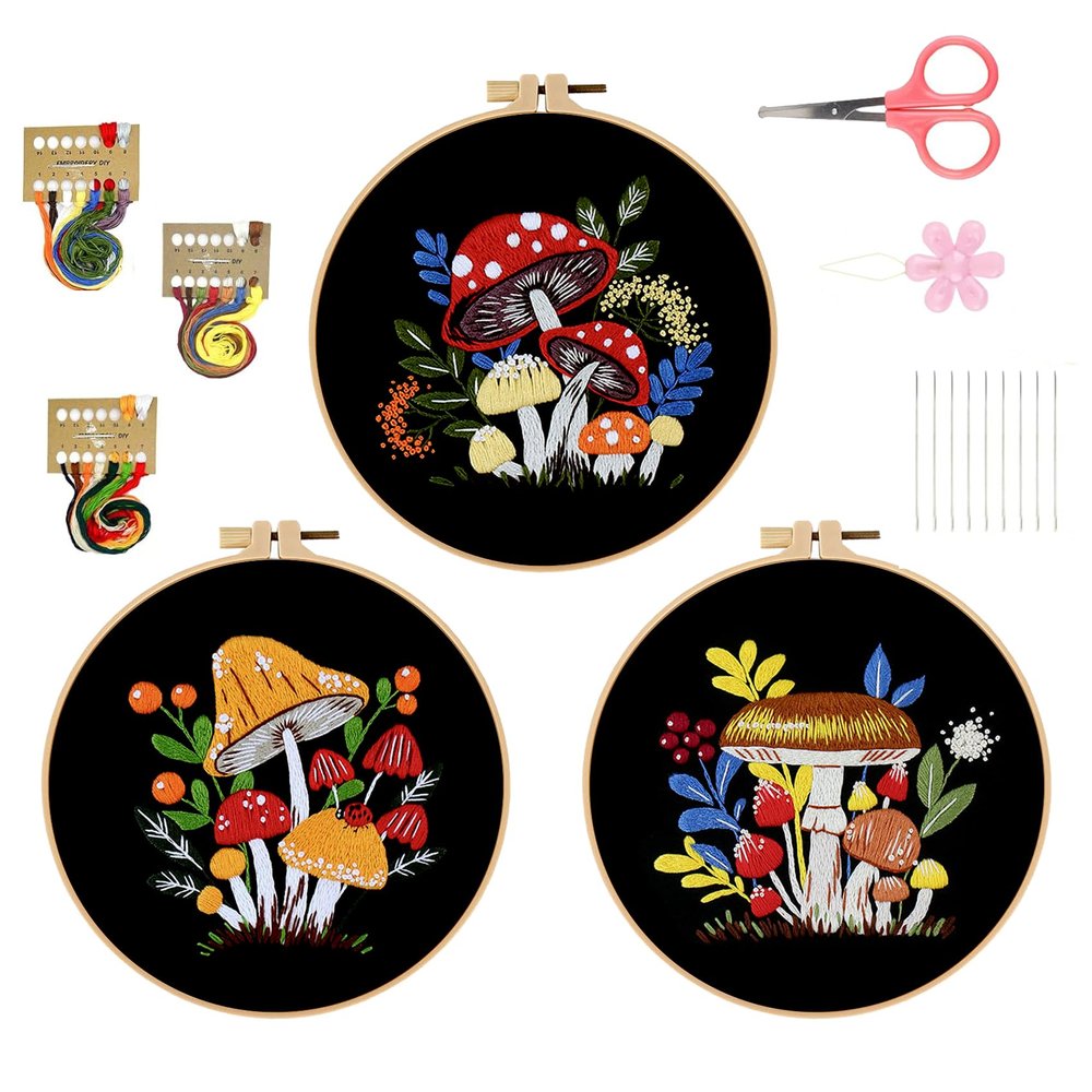 HVEST Mushroom Embroidery Kit for Beginners, 3 Sets Embroidery Starter Kit Mushroom and Leaf Plant Embroidery Patterns Stamped Cross Stitch Kits for Adults Needle Thread Scissors Included