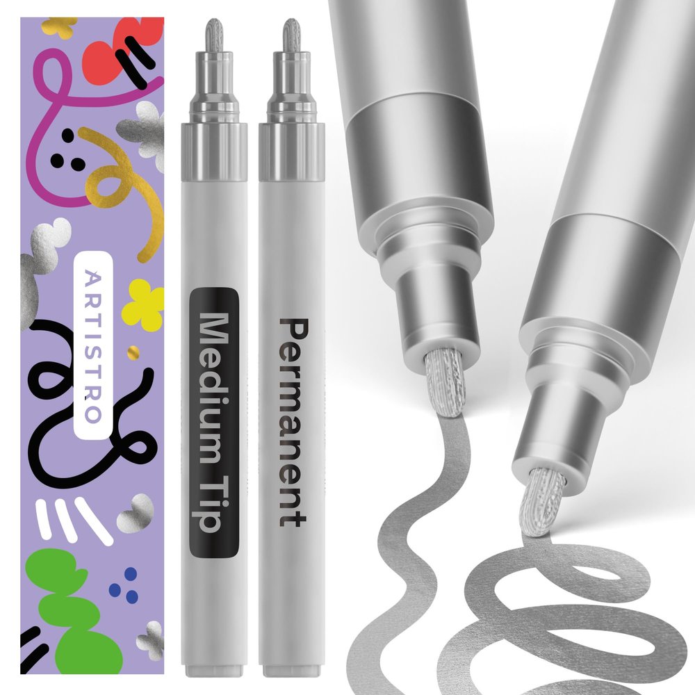 ARTISTRO 2 Silver Permanent Marker - Waterproof Markers for Tire, Fabric, Rocks, Glass, Ceramic, Wood, Paper - Oil Based Paint Pens - Medium Tip 3mm