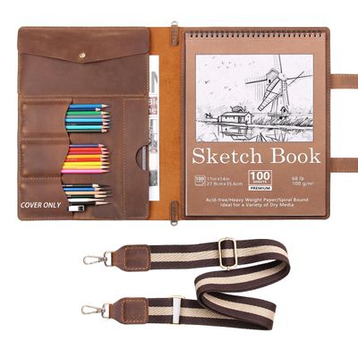 Robrasim Handmade Leather Sketchbook Cover, Artist Sketch Pad Holder for 11"X14" Top Spiral Bound Sketchbook, Drawing Book Pencil Case, Journal Portfolio with Shoulder Strap, Artist Gifts,Brown