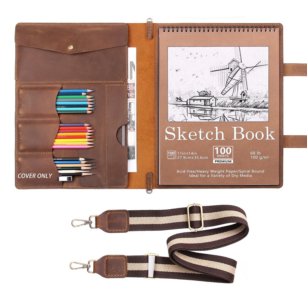 Robrasim Handmade Leather Sketchbook Cover, Artist Sketch Pad Holder for 11"X14" Top Spiral Bound Sketchbook, Drawing Book Pencil Case, Journal Portfolio with Shoulder Strap, Artist Gifts,Brown