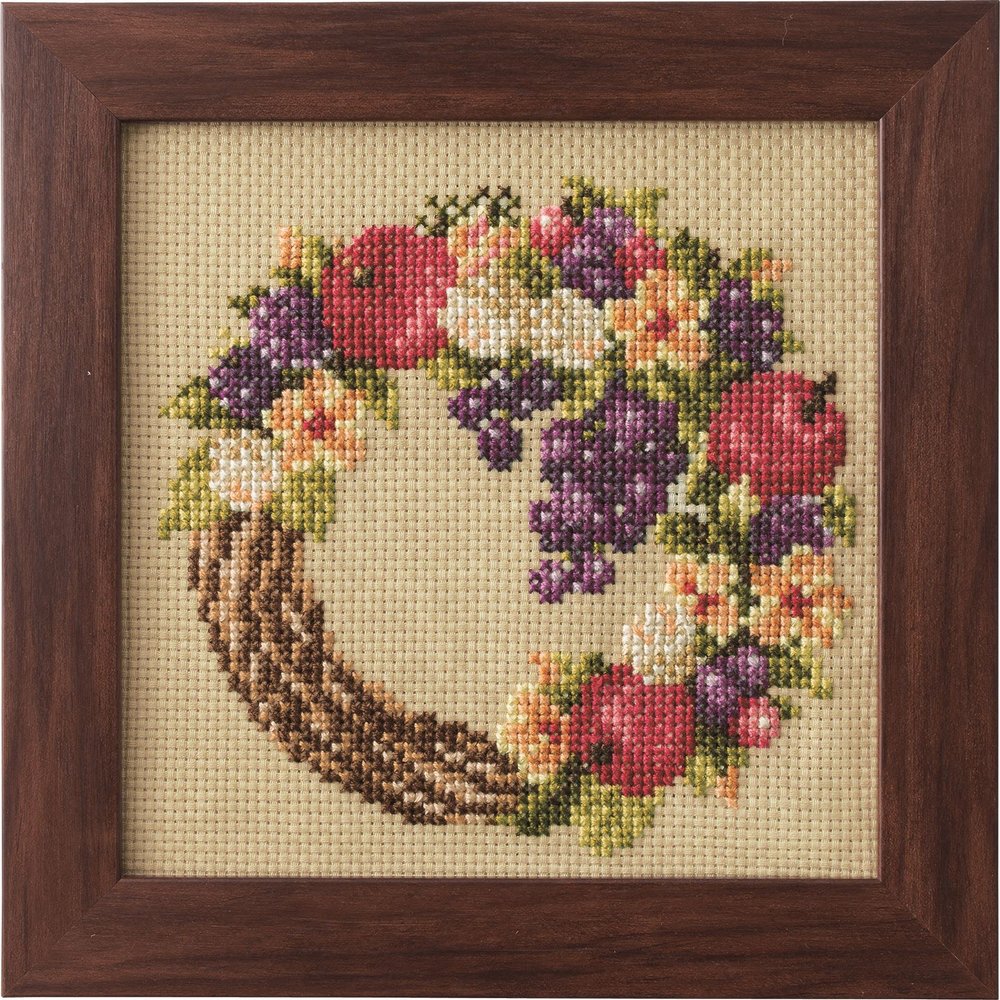 Lecien Cosmo Cross Stitch kit Seasonal Flower Arrangement-Harvest Wreath (with English Instruction) No.592310 Frame Size 6 3/4" x 6 3/4"