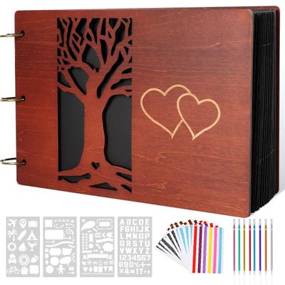 Giiffu Wooden Family Scrapbook Album, DIY Photo Memory Book with Family Tree Design, 100 Pages Personalized Scrapbooking Album, Gift for Mothers Day, Baby Shower & Family Keepsake