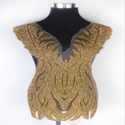 Labellezalady Gold Color Small Rhinestones Beaded Bodice Applique Patch V-Neck for Bridal Party Fashion Show Prom Dress(Gold-F2201)