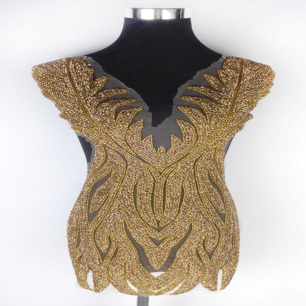 Labellezalady Gold Color Small Rhinestones Beaded Bodice Applique Patch V-Neck for Bridal Party Fashion Show Prom Dress(Gold-F2201)