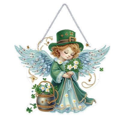 St. Patrick's Day Angel DIY Diamond Art Painting Wreath Kits Special Shaped Rhinestone Diamond Art Window Pendants Home Garden Wall Hanging Kits (Single Side Point Drill) (#34-Angel)
