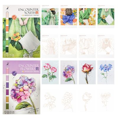 DIY Watercolor Painting Paper Kit Line Sketch Watercolor Coloring Paper(117lb/250gsm) Watercolor Drawing Set Art Craft Gift for Teens and Adults Beginners(Girls&Flowers)