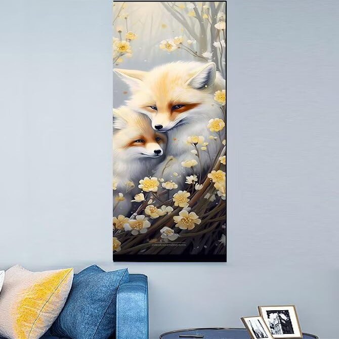 Diamond Painting Art Kit, 5D Diy Fox Flower Diamond Art Kits for Adults, Gem Art Round Full Drill Rhinestone Crystal Art, Paint by Numbers Embroidery Crafts for Home Wall Decoration 16x48inch A145