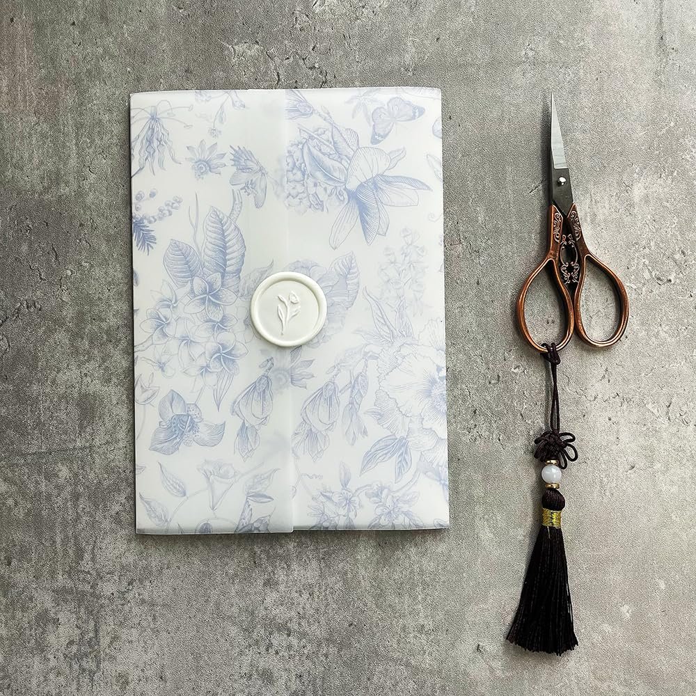 Translucent Envelopes,Vellum Jackets, Blue flower Vellum Wrap suitable for a 5 x 7 Wedding Invitation (Size : 50pcs)