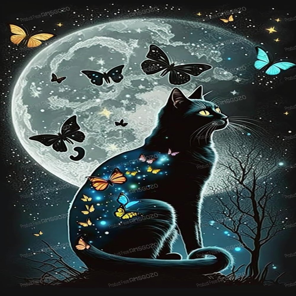 RMSGOZO Starry Butterfly Cat Diamond Painting Kits - DIY Diamond Art for Adults & Kids, Full Round Gemstone Crystal Cross Stitch Kit, Great for Room Decor Bathroom Decor Or Gifts 16X24 Inch