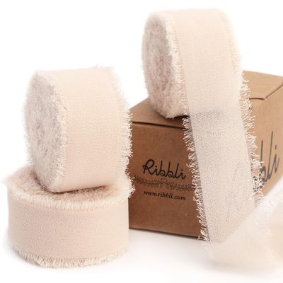 Ribbli Champagne Ribbon 1 Inch x 3 Rolls Total 24 Yards Nude Handmade Fringe Chiffon Silk Ribbon for Wrapping Wedding Invitations Bridal Bouquets DIY Crafts Home Decor
