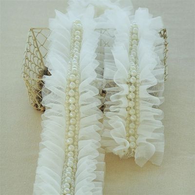 10CM Wide Imitation Pearl lace Pleated Ribbon Fabric Hem Sewing Clothes Curtain DIY Craft Supplies Decoration (Color : White, Size : 5meter)