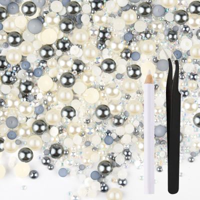 ASTARON 50g Mix Flatback Rhinestones Half Pearls for Crafts Mixed Size 3mm-10mm Flat Back Rhinestones for Crafts Flatback Pearls for Decorating Tumblers Mugs Nail Art Shoes (Silver GrayWhite)