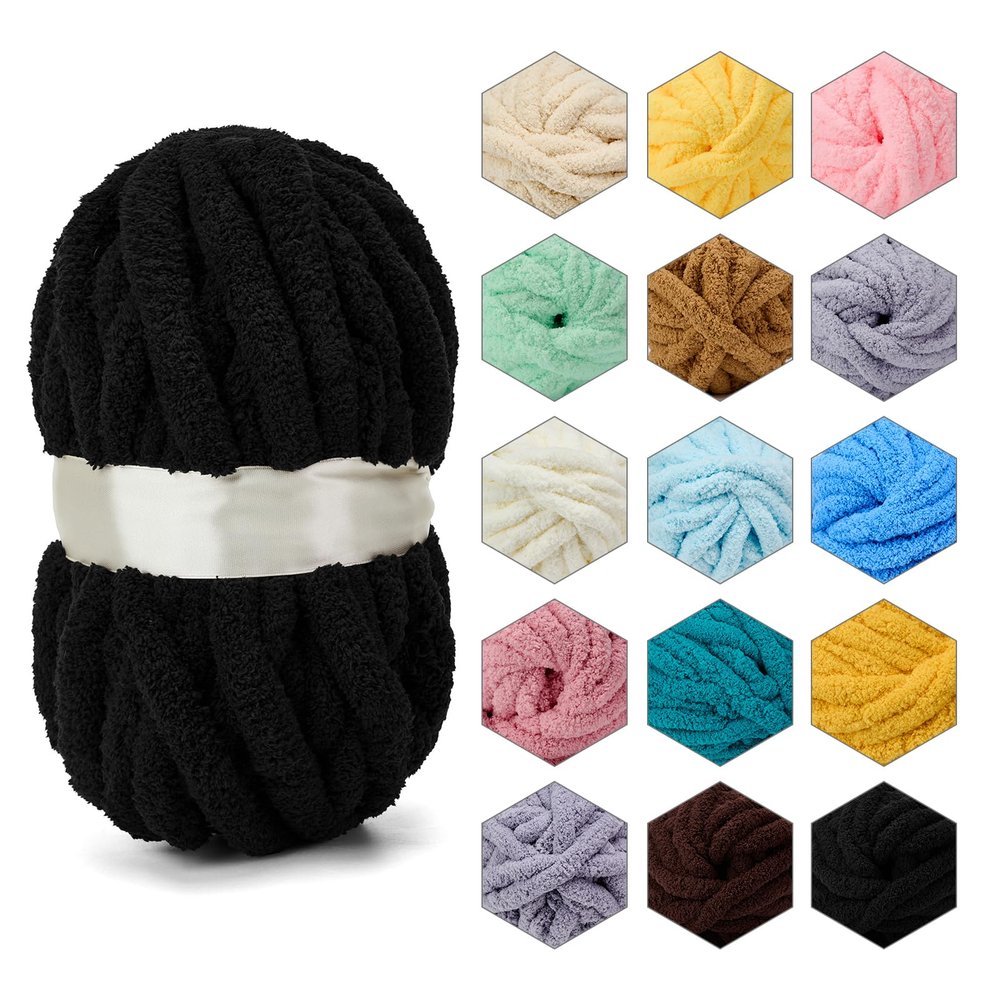 ERLYEEN Chenille Chunky Yarn Super Bulky Soft Thick Fluffy Jumbo Giant Washable Polyester Big Yarn DIY for Arm Knit Blanket Cushion Bed Sofa Home Decor,Black,2.2LB