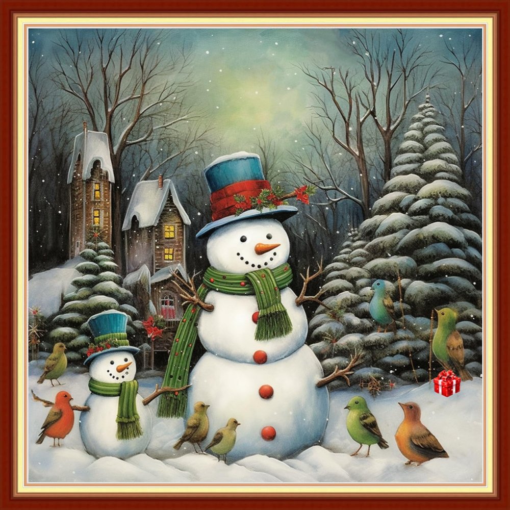 Disxvivy Cross Stitch Stamped Full Embroidery Kits DIY 11CT Cotton Thread Printed DIY Needlepoint Kits Craft Needlework Set Cross-Stitch Stamped Sets-Snowman Snowy Scenery 18x18 inch
