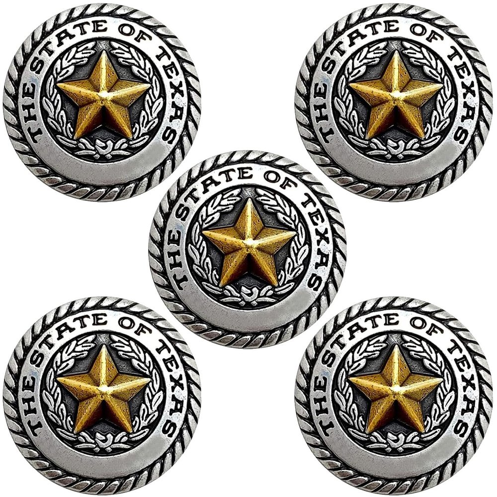 Cowboy Craft The State of Texas Antiaue Star Conchos Western Engraved Star Conchos 1" Pack of 5 (5 pcs - Antique Gold)