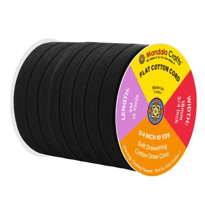Mandala Crafts Black Flat Drawstring Cord Drawstring Replacement, 3/4 Inch 10 YDs Black Soft Drawstring Cotton Draw Cord Hoodie Sweatpants Drawcord Replacement