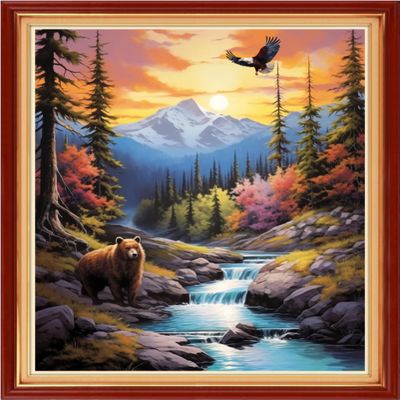 Funxvoot Stamped Cross Stitch Kits Beginners Full Range of Embroidery Kits for Adults 11CT Embroidery Patterns Needlepoint Kits Printed Cross Stitch Kits-Brown Bear Scenery 16x20 inch