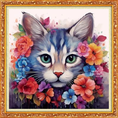 Funxvoot Stamped Cross Stitch Kits Beginners Full Range of Embroidery Kits for Adults 11CT Embroidery Patterns Needlepoint Kits Printed Cross Stitch Kits-Flower Cat 18x18 inch
