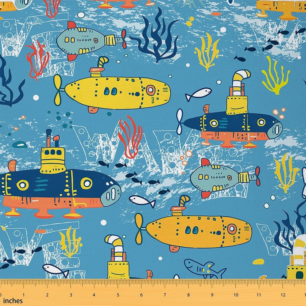 Feelyou Sailboat Fabric by The Yard 5 Yards Ocean Creature Submarine Soft Flannel Decorative Fabric Marine Animals Upholstery Fabric Summer Blue Sea Adventure DIY Reupholstery Fabric