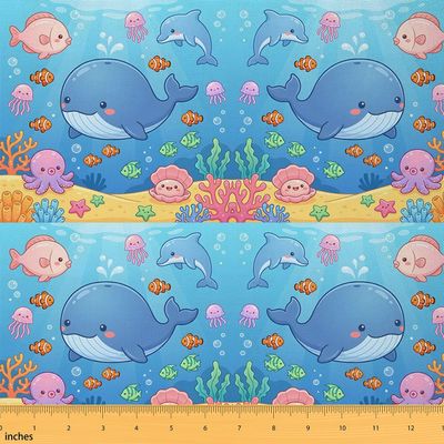 Feelyou Cartoon Cute Marine Animals Fabric by The Yard 5 Yards Fish Dolphin Octopus Soft Flannel Decorative Fabric Underwater World Upholstery Fabric Summer Ocean DIY Reupholstery Fabric