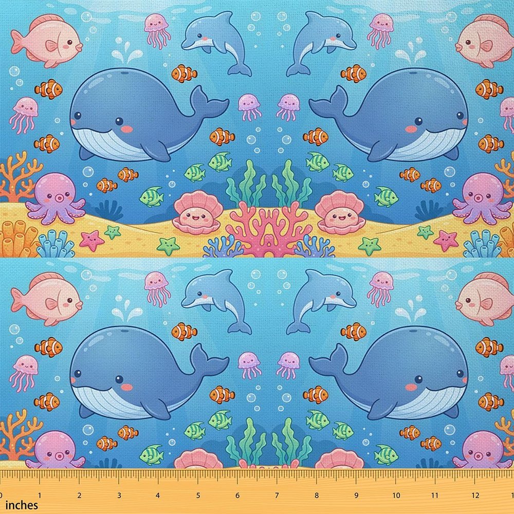 Feelyou Cartoon Cute Marine Animals Fabric by The Yard 5 Yards Fish Dolphin Octopus Soft Flannel Decorative Fabric Underwater World Upholstery Fabric Summer Ocean DIY Reupholstery Fabric