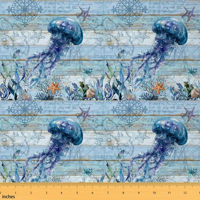 Feelyou Cute Jellyfish Fabric by The Yard 5 Yards Ocean Creature Themed Soft Flannel Decorative Fabric Marine Animals Upholstery Fabric Summer Blue Ocean Themed DIY Reupholstery Fabric