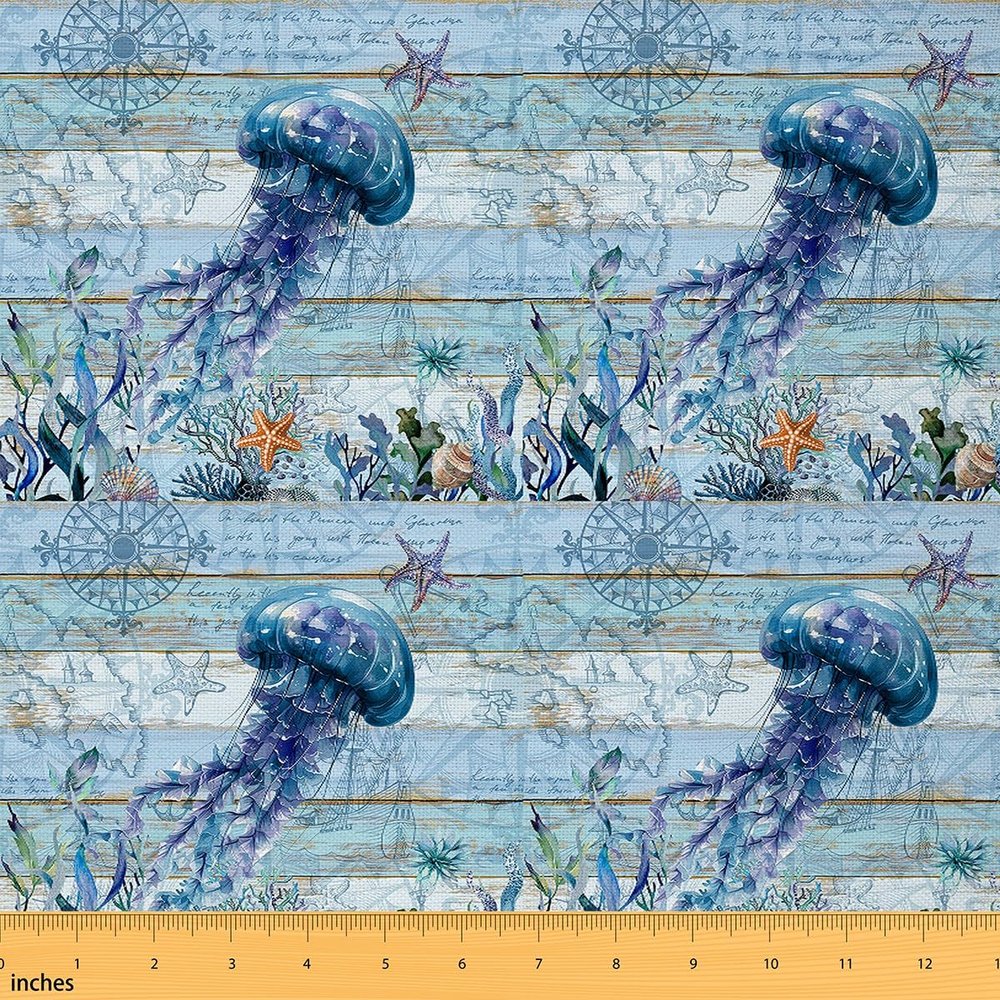 Feelyou Cute Jellyfish Fabric by The Yard 5 Yards Ocean Creature Themed Soft Flannel Decorative Fabric Marine Animals Upholstery Fabric Summer Blue Ocean Themed DIY Reupholstery Fabric